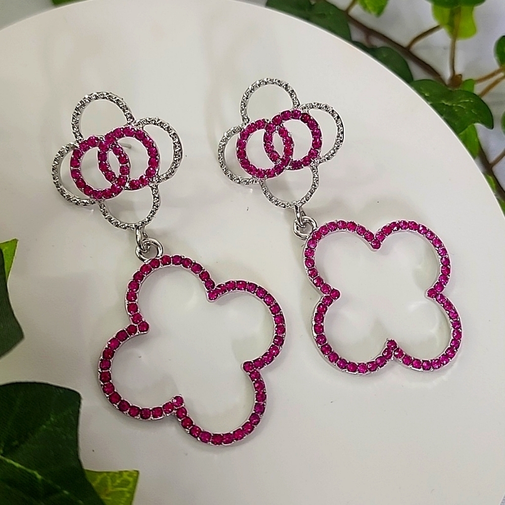 Silver and Fuschia Pink Crystal Clover Dangle Post Earrings New